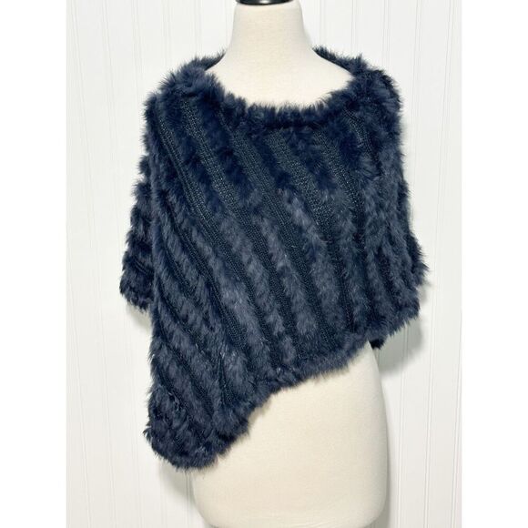 Marella Women's Asymmetric Hemline Wool Blend Soft‎ Knitted Faux Fur Poncho Blue - Picture 1 of 11